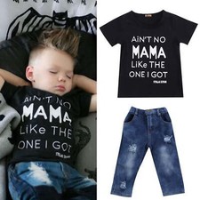 Toddler Baby Boys Denim Outfits Short Sleeve T-Shirt Tops Ripped Jeans Pants Set