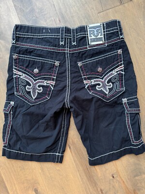 Rock Revival Classic Black Cargo Shorts Mid Rise Faux Flap Pocket Men's  36x23