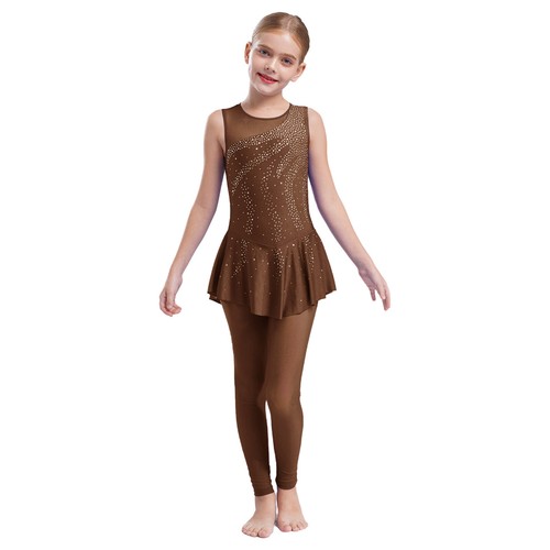 Girls Skating Skirt Dance Costume Shiny Sleeveless Jumpsuits with Mesh Leggings - Picture 35 of 98