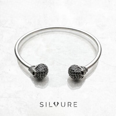 925 Sterling Silver Skull Bracelet with Black Zirconia, Bangle Cuff Bracelet