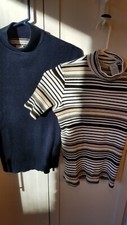 Two LADIES SWEATER  M  short sleeves one blue  one Ivory/tan stripe