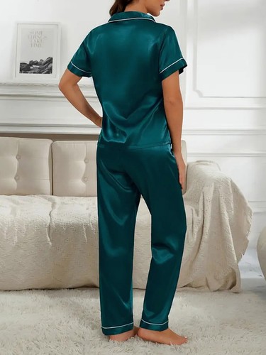 Women's Short Sleeve Silk Pajamas Set Print Satin Sleepwear Homewear Nightwear - Picture 178 of 251