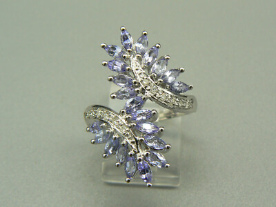 Cocktail-Ring 10 Karat Weißgold Marquise Tansanit & Diamant Bypass Größe 8