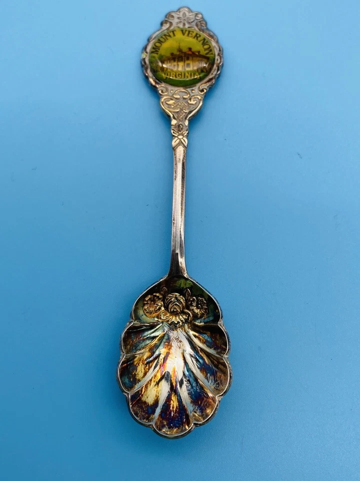 Cuchara de recuerdo vintage plateada de 4-1/2" Mount Vernon Virginia Roses Smiles  Foto 2 de 4