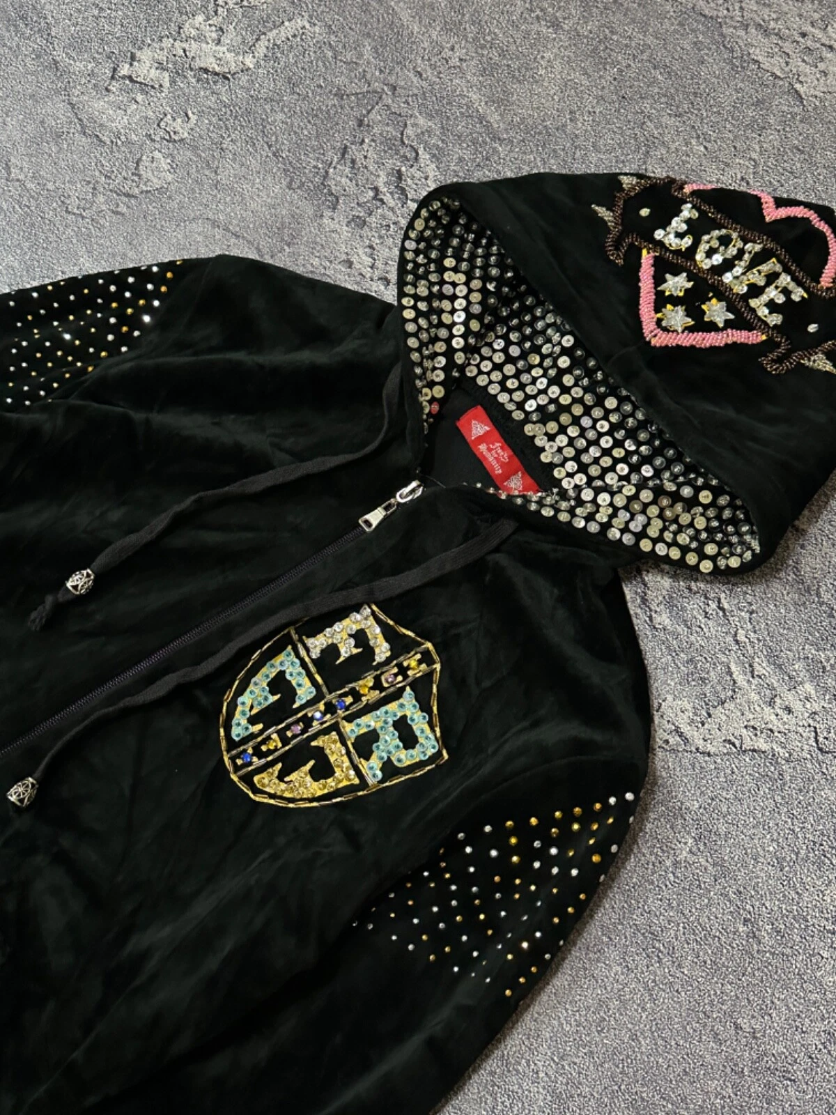 CHANEL Felpa con cappuccio zip discoteca velluto strass stile Ed Hardy vintage anni 90 Y2k stile Giappone