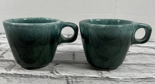 Lot of 2 Vintage Hull Green Drip Glaze O Handle Coffee Mug Cup Oven Proof USA 
