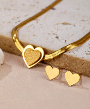Womens Necklace Earrings Sets Love Heart Pendant 18k Gold Plated Stainless Chain
