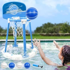 Pool Basketball Hoop Poolside with Backbroad, Floating Pool Toys with 4 Basketba