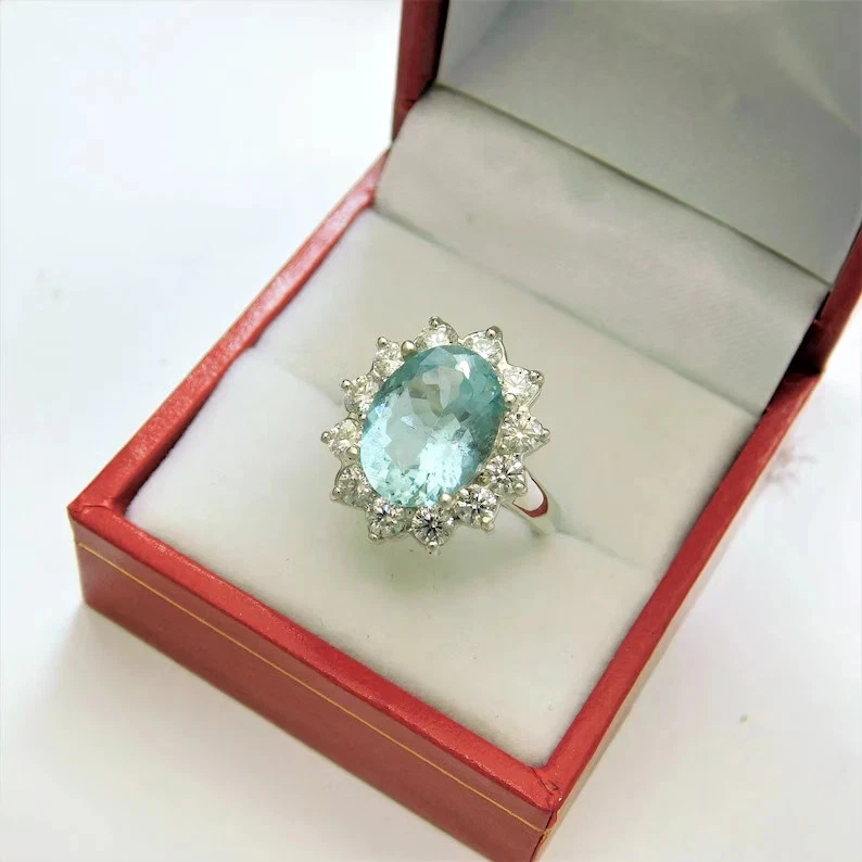 Обручальное кольцо с натуральным бриллиантом аквамарином овальной огранки 6,80 карата 950 платина размер 5 6 7 - Изображение 2 из 4