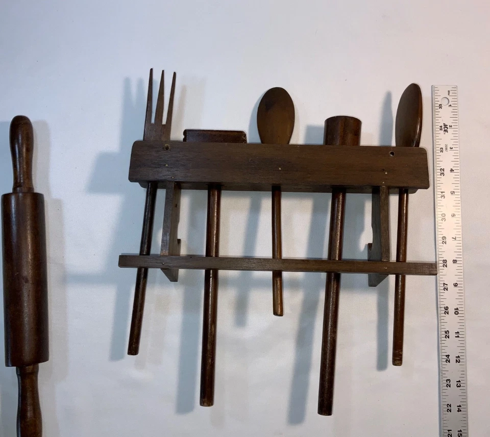 VTG 12’’ Wooden Kitchen Utensils Hanging Rolling Pin Spoons Fork Tenderizer + - Image 4 of 4