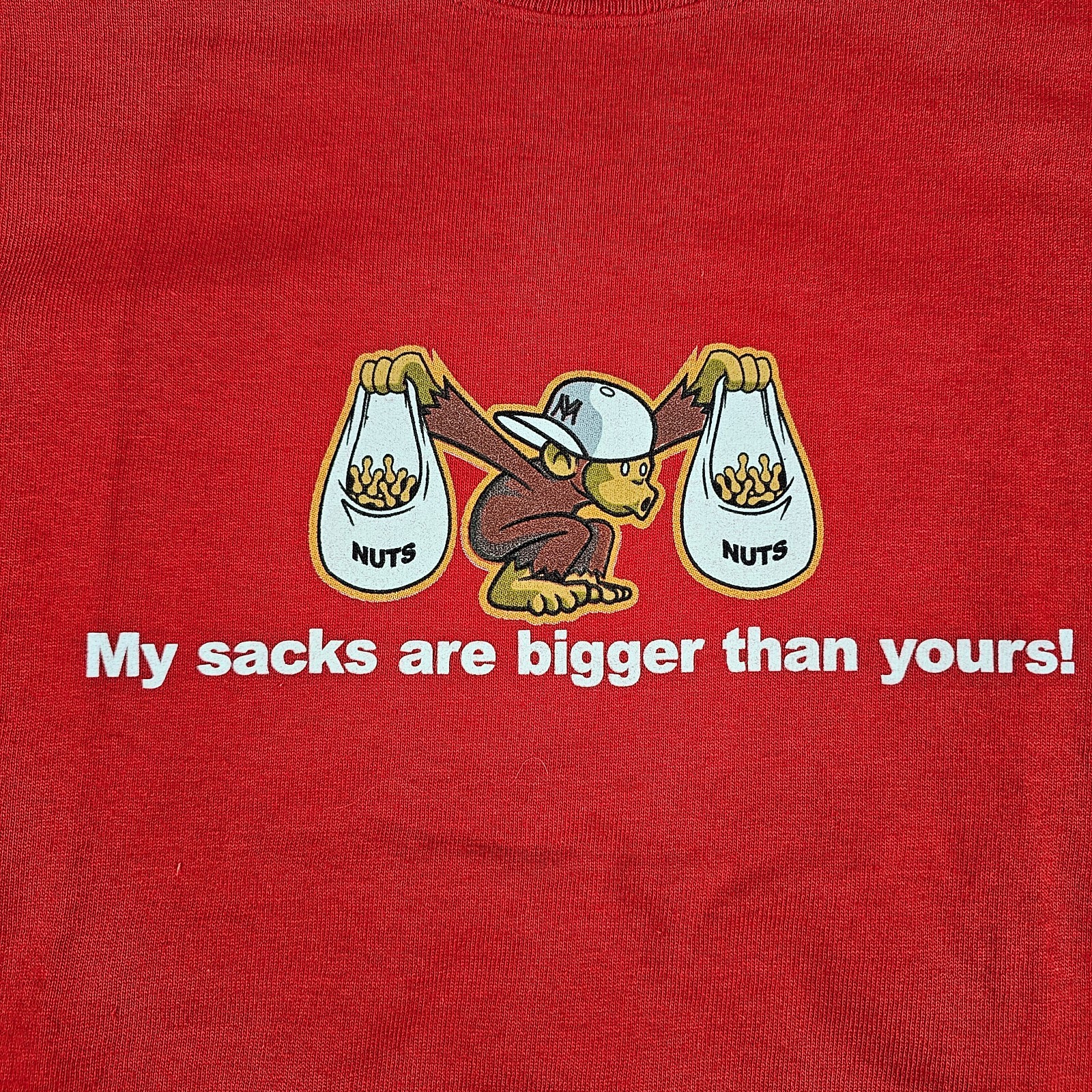 Vintage ODM Shirt Mens Medium Red My Sacks Are Bigger Y2K Peanut Monkey Funny