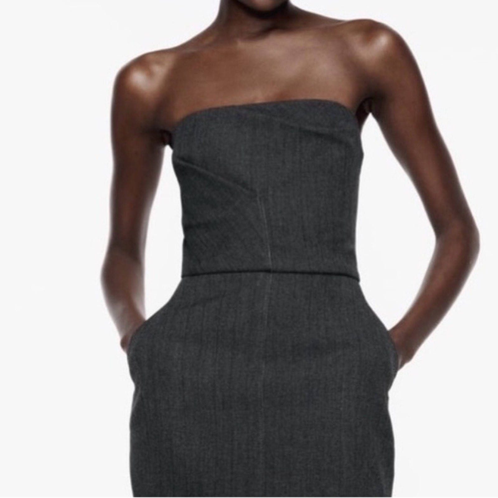 Zara ZW Collection Gray Strapless Midi Dress Draped Bodice Size Large NWOT thumbnail 4