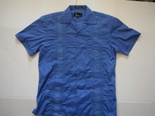 Omega Fashion Shirt Mens Small Blue Short Sleeve Guayabera Cuban Embroidered
