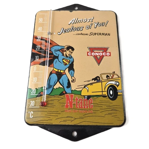 Vintage Conoco N-tane Superman Thermometer Porcelain Sign - DC Comics Gas Sign