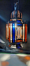 ANTIQUE MOROCCAN FILIGREE METAL AND STAINED GLASS HANGING CANDLE LANTERN
