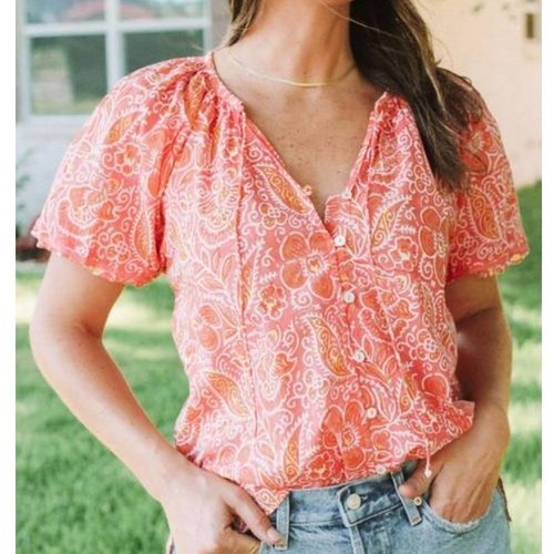 Cleobella Floral Boho Blouse Medium Pink Orange Puff Sleeve Button Front Top - Picture 14 of 15