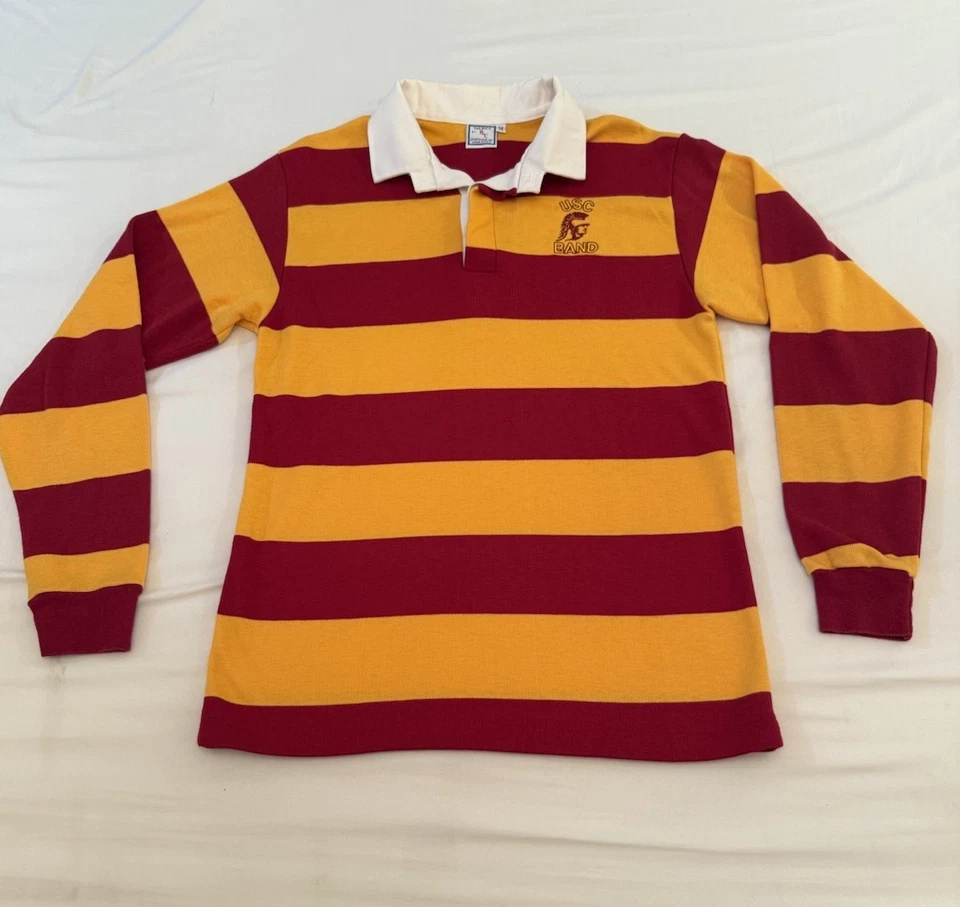 De Colección USC Banda Troyanos Rugby Polo Manga Larga Camisa Hombres Mediano Rayas Años 90 Raro Foto 4 de 4