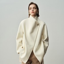 Women's Lapel Collar Wool Coat Mid Length One Button Belted Cashmere Trench Coat