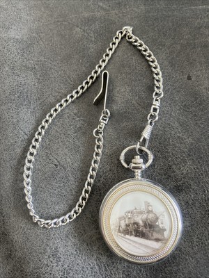 Silver Tone Quartz Analog Men's Pocket Watch on Chain Steam Train Picture