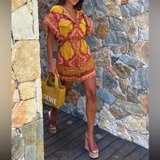 Zimmermann Cira Terry Playsuit Size 3/AU14/US10 Yellow Pink Towel Fringe