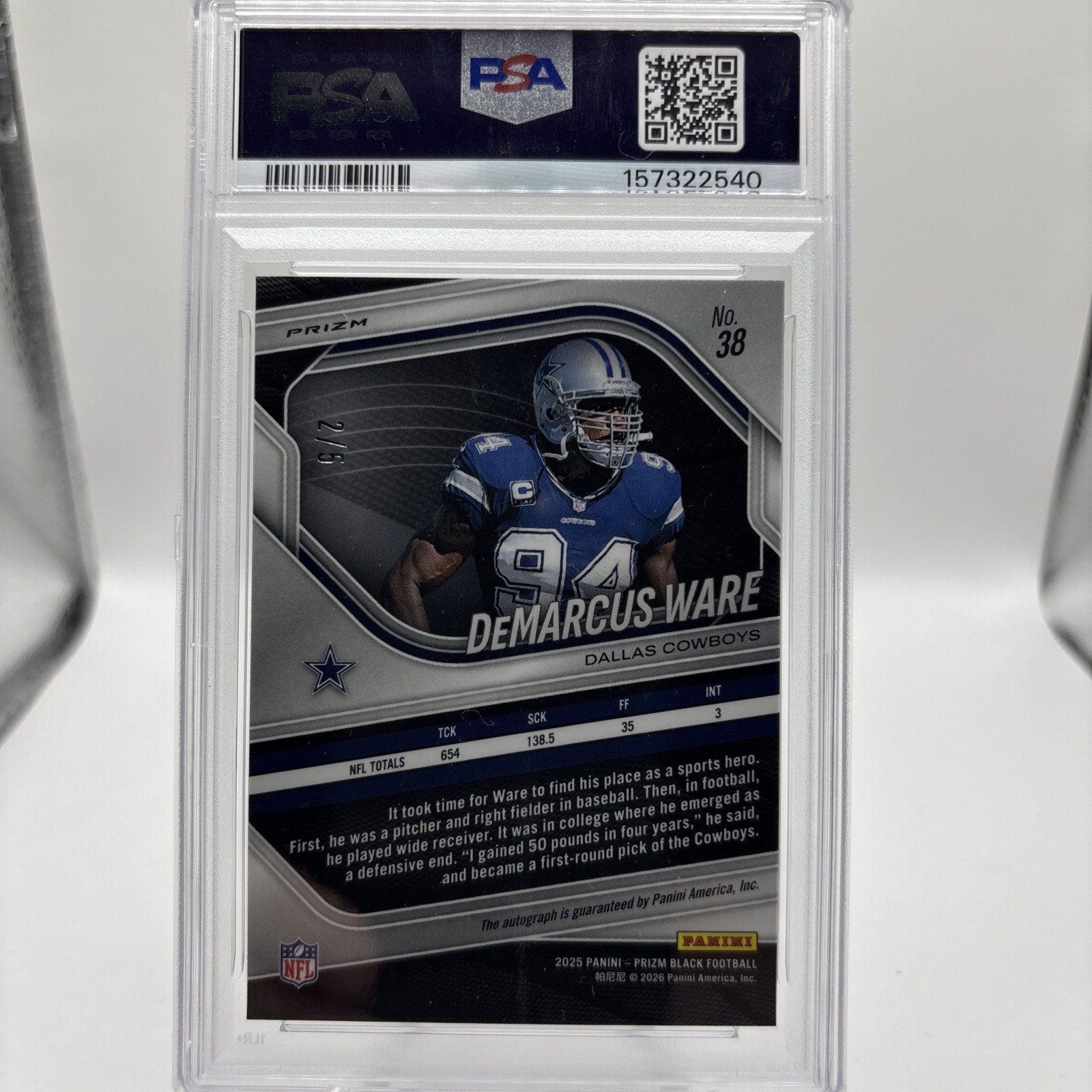 DeMarcus Ware 2025 Panini Prizm Black Football Gold Vinyl Auto /5 PSA 9 view 2