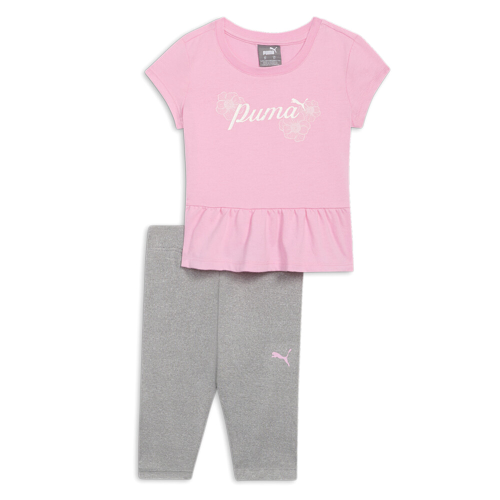 Футболка с круглым вырезом и коротким рукавом Puma из 2 предметов, комплект леггинсов-капри для маленьких девочек, серый, P