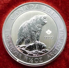 2017 Canada 1.5 Ounce .9999 Fine Silver Grizzly Bear Wildlife $8 Coin, 1.5oz