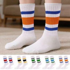 1/2Pairs Old School Striped Crew Socks Retro Athletic Casual Classic  Men Women
