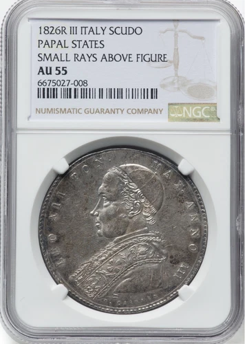 ITALY PAPAL STATES POPE LEO III 1826-R 1 SCUDO SILVER COIN NGC CERTIFIED, AU-55