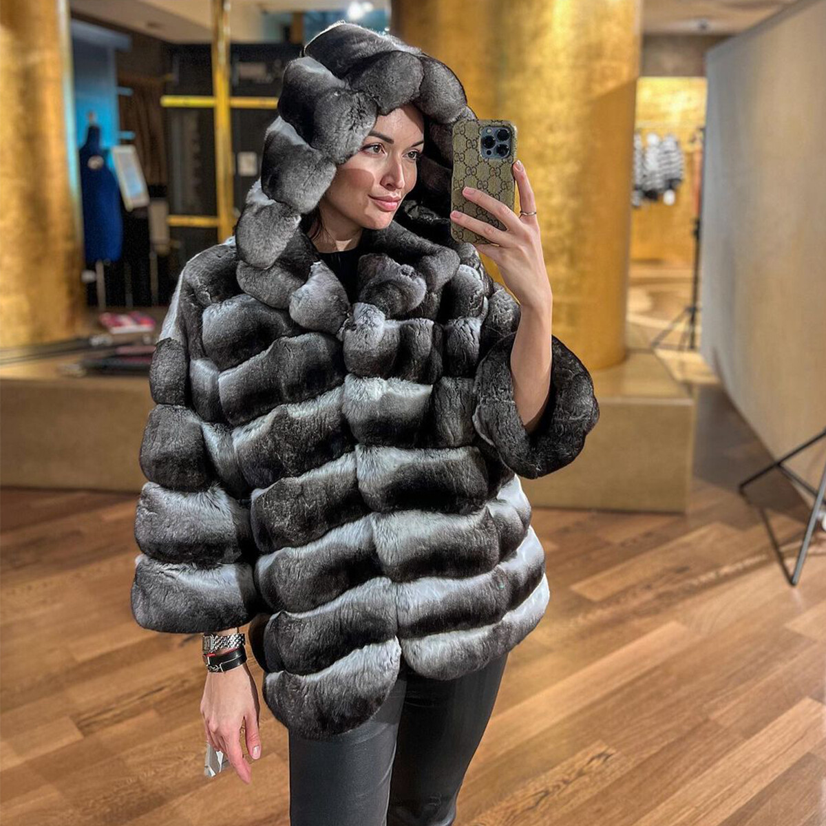 Luxury Women Genuine Rex Rabbit Fur Coat Winter Real Chinchilla