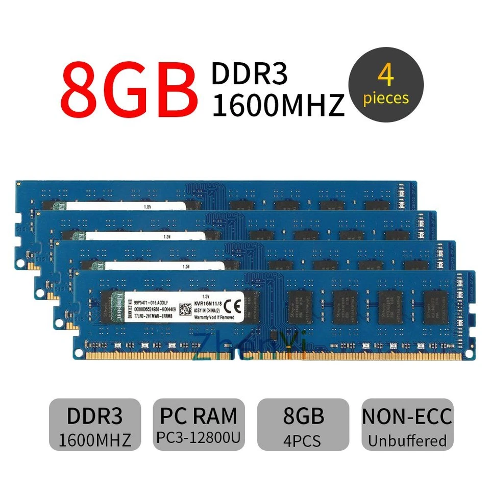 For Kingston 32GB 16GB 8GB DDR3 PC3-12800U KVR16N11/8 Blue Desktop RAM Lot UH - Image 2 of 4