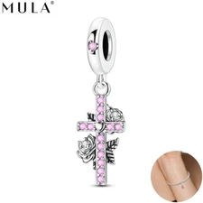 MULA 925 Sterling Silver Romantic Rose Cross Pendant Charm CZ For Women Bracelet
