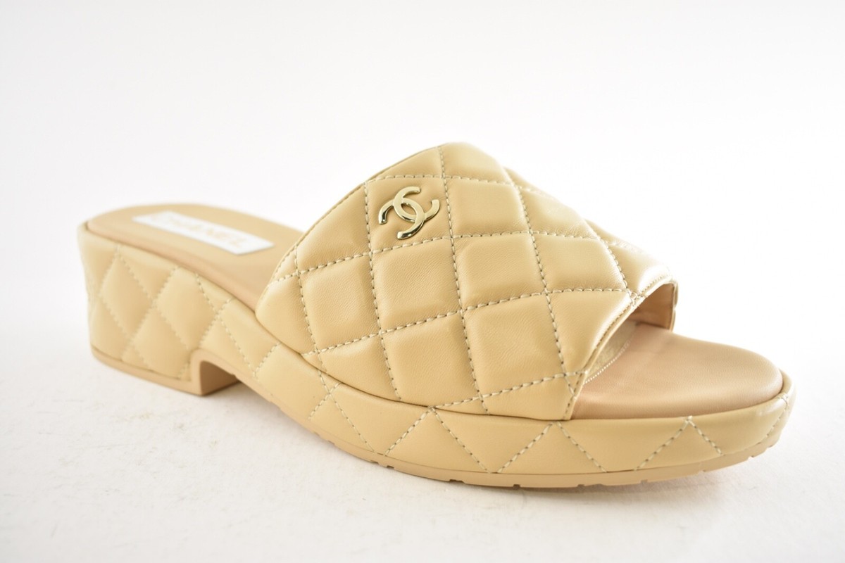 Chanel 23C Beige Lambskin Leather Quilted CC Logo Platform Slide