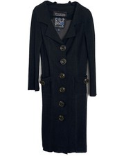 Millard Fillmore Women's M Black Wool Blend Long Button Coat Trench Raw Hem