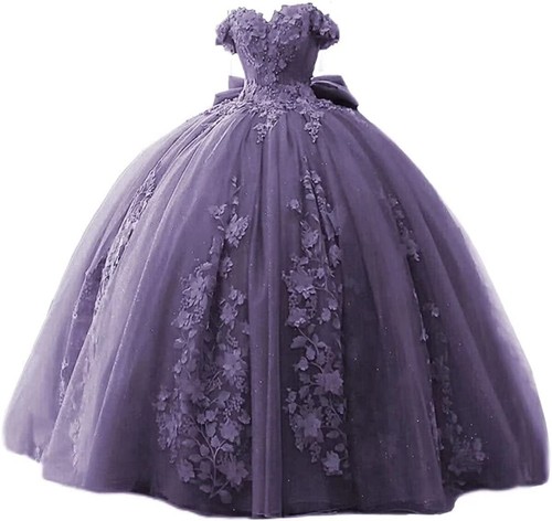 Quinceanera Lace Beaded Prom Dresses Fluffy Off Shoulder Sweet 15 16 Prom Dress - Picture 42 of 51