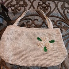 Vintage Crochet Purse Cream Green Flower Beads Cottage Granny Chic Beautiful