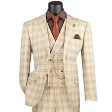 VINCI Men's Khaki Plaid 3pc 2-Button Modern Suit w/ Peak Lapel - NEW