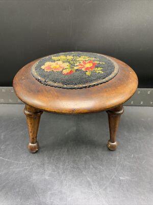 Vintage Round Small Floral Needlepoint Wooden Foot Stool