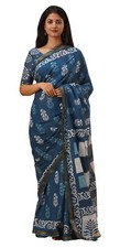Saree with Blouse Piece Pure Cotton Sari Hand Printed Zari Border Traditional