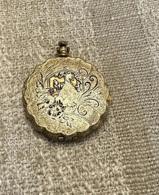 Antique JFB Victorian Gilt Brass Style Locket Compact Engraved Garden Vanity 
