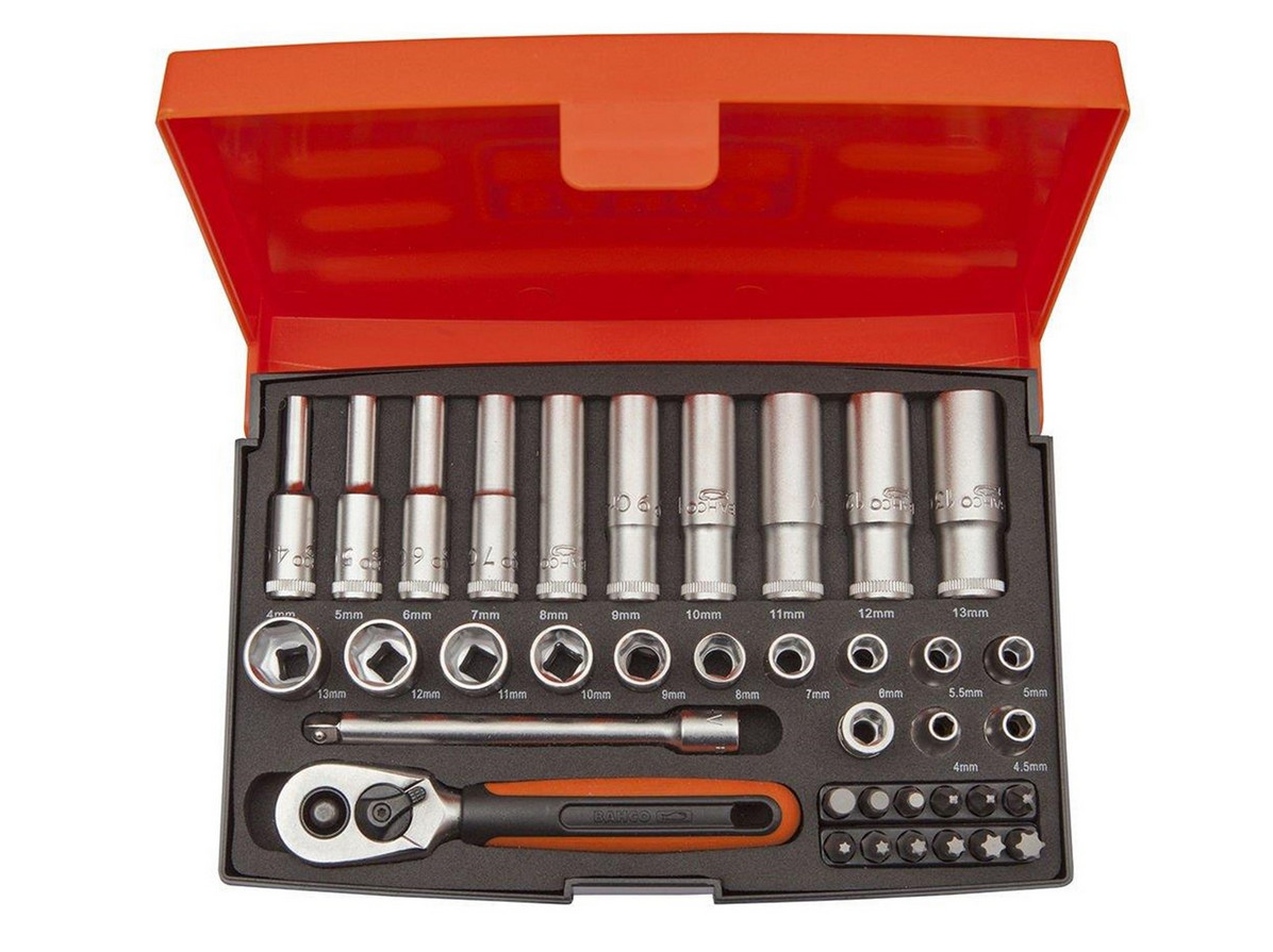 Bahco Silber Steckschlüssel + Stecknuss, 1/4-Steckschlüssel-Satz, Metrisch, Sechskant Inklusive Schraubendreher-Bits -37-Teilig - Bild 3