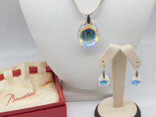 DESIGNER BACCARAT STERLING SILVER PSYDELIC SCARABEE CRYSTAL PENDANT & EARRINGS