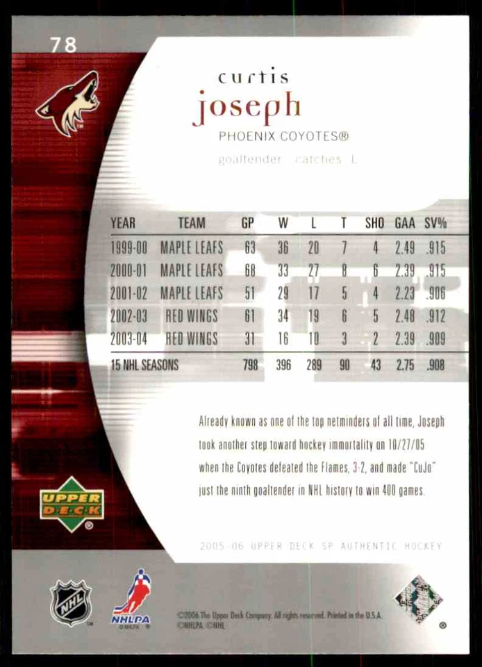 2005-06 SP AUTHENTIC CURTIS JOSEPH #78 - Image 2 of 2