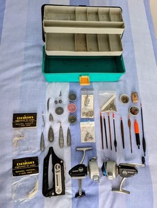 Vintage Prince D.A.M 1014 reels, Fishing Tackle job lot & 3 Tier Box.