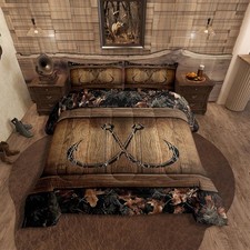 Rustic Lake Cabin Comforter Set Farmhouse Fishing Bedding Set Queen Size Tree...