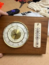 Gischard West Germany Barometer Thermometer Wood Brass Tone Desk Weather Station