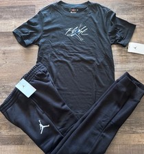 NWT Nike Air Jordan Boys YLG Black/White/Blue FLIGHT Jogger Pants Set Large