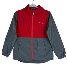 Eddie Bauer Jacket Kids 10/12 Red Gray Hooded Windbreaker Zip Pockets Logo