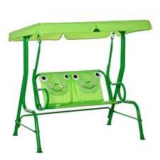 Kids 2-Seat Outdoor Patio Swing Chair Adjustable Canopy Safety Belt Green