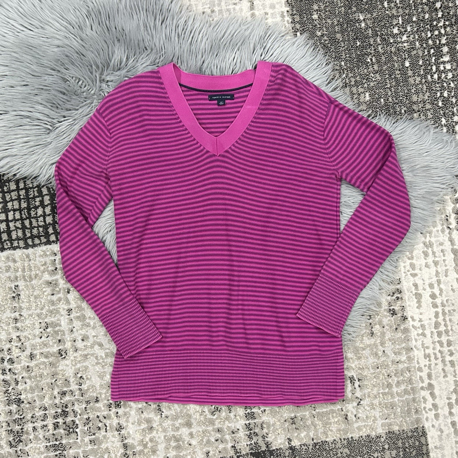 Tommy Hilfiger Sweater Womens Small Pink Striped V Neck Tunic Long Sleeve